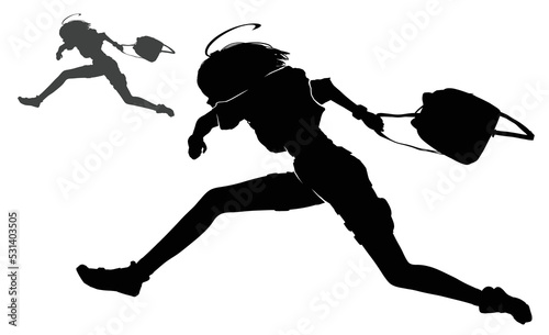 A black silhouette of a girl in a dynamic jumping pose, she is an anime character with a briefcase in her hand running away from her pursuers jumping over a cliff. 2d vector art photo
