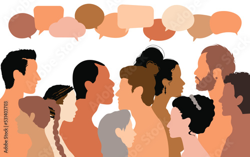 An dialogue between people. Multicoloured profile vector cartoon people. Communication between crowd of people sharing ideas. Crowd conversation.