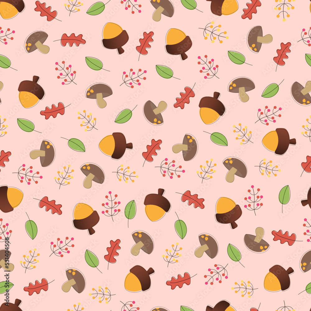 Vector autumn seamless pattern background with leaves, acorn, and mushroom. Perfect for background, wallpaper, and fabric printing Vector autumn seamless pattern background with leaves, acorn, and mushroom. Perfect for background, wallpaper, and fabric printing