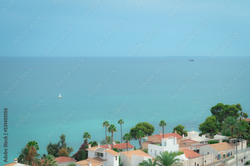 Sea view from balcony, blue water. Alicante, Spain