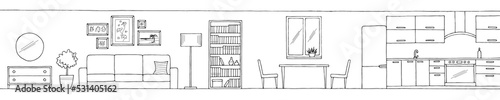 Apartment interior graphic black white long sketch illustration vector 
