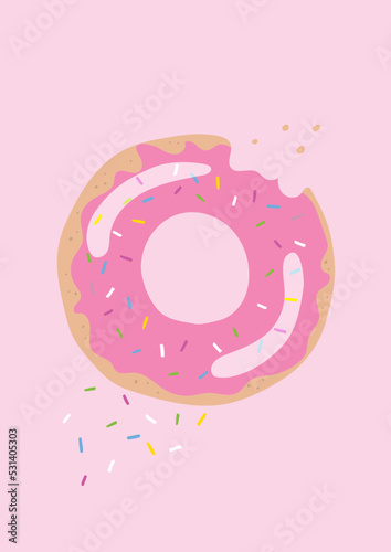 Cute Hand Drawn Illustration of Donut, with Sprinkles on a Pink Background. Nursery Wall Art for Baby Boy And Baby Girl. Vector Design Ideal for Card, Invitation, Poster, T-Shirt Print.