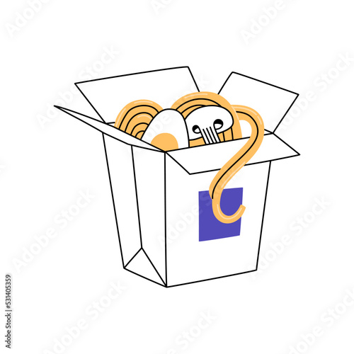 Opened box with ramen noodle soup. Hot meal with eggs and mushrooms. Traditional popular asian fast food. Hand drawn color vector illustration isolated on white background. Modern flat cartoon style