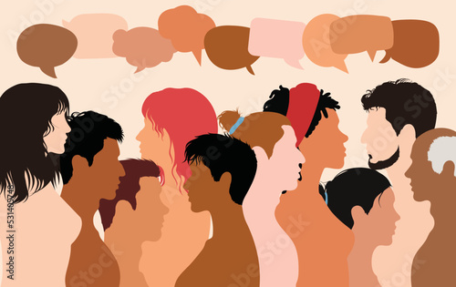 An dialogue between people. Multicoloured profile vector cartoon people. Communication between crowd of people sharing ideas. Crowd conversation.