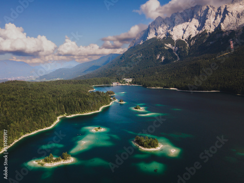 view of Eibsee lake with mountain backdrop