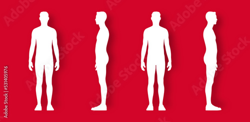 Human body silhouette, view front, rigt, back, left
on red background 