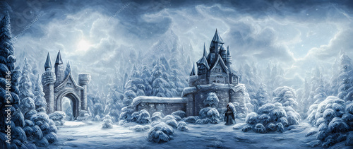 Artistic concept painting of a beautiful winter castle, background illustration.