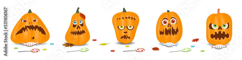 Halloween pumpkins on a white background, orange pumpkin with different shapes and faces. Vector illustration.