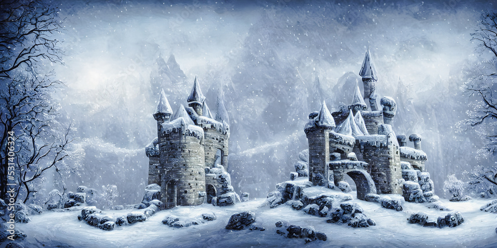 Artistic concept painting of a beautiful winter castle, background illustration.