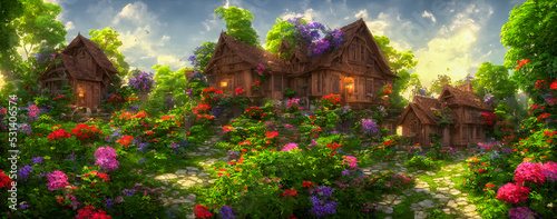 Artistic concept painting of a beautiful garden with house, background illustration.