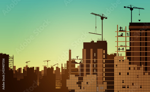 Construction site with a tower crane. Construction of residential buildings.Vector illustration