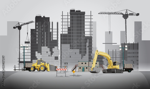 Building construction site with cranes and skyscraper and  excavators with grader