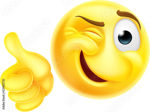 A winking cheeky emoticon cartoon face giving a thumbs up icon