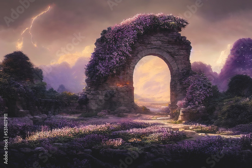 Fairytale garden with stone arch and lilacs. Fantasy landscape, lilac bushes, stone arch, portal, entrance, unreal world. 3D illustration