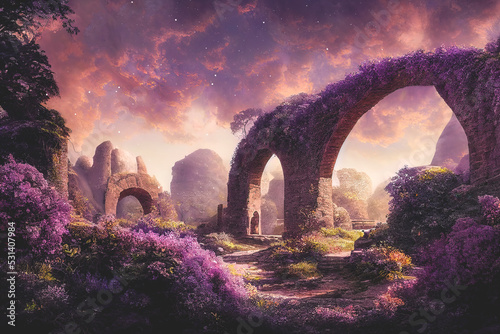 Fairytale garden with stone arch and lilacs. Fantasy landscape, lilac bushes, stone arch, portal, entrance, unreal world. 3D illustration