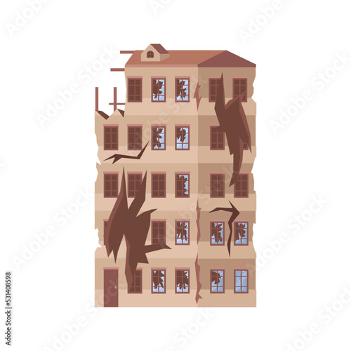Demolished multi story building and residential house, destroyed home and architectural construction and sight. City, town, or metropolis with damage done. Vector illustration