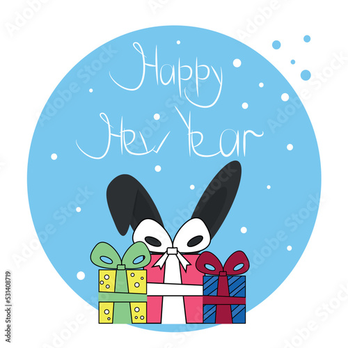Happy New Year Greeting Card Template Gift Boxes with black rabbit ears under the snow and text. Cute vector illustration in a flat style for printing banners, covers, flyers