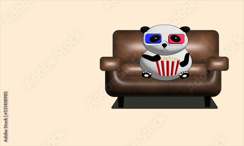 Cute panda sitting and watching movie on brown leather sofa and eating popcorn on cream background 3d concept. for illustration