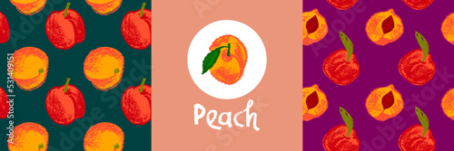 Peach seamless pattern. Vector nectarine wallpaper. Sketch art peach background for organic baby food label, yogurt packaging design, vegan banner, fruity ornament. Apricot backdrop for jam package.