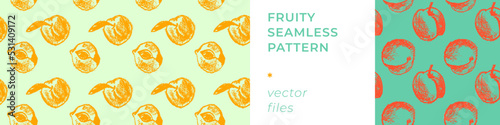 Apricot seamless pattern. Vector nectarine wallpaper. Sketch art peach background for organic baby food label, yogurt packaging design, vegan banner, fruity ornament. Peach backdrop for jam package.