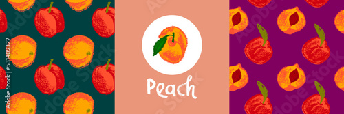 Peach seamless pattern. Vector nectarine wallpaper. Sketch art peach background for organic baby food label, yogurt packaging design, vegan banner, fruity ornament. Apricot backdrop for jam package.
