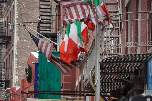 Little italy new york buildings italian flag green white and red photo