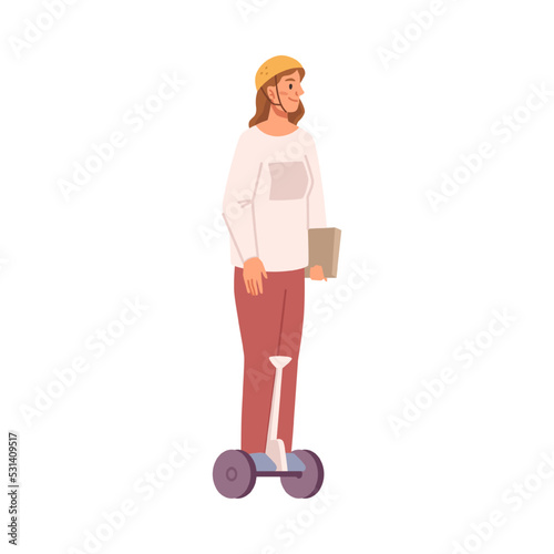 Gyro board ecologically friendly transport for commuting. Isolated female character wearing helmet and holding paper documents balancing. Vector in flat style