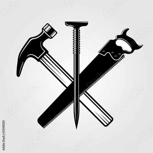 Claw hammer, Hand Saw and nail isolated on white background. Vector illustration