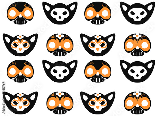 A Halloween and Day of the Dead character in the vintage cartoon style of the 60s. vector seamless pattern of cute skulls