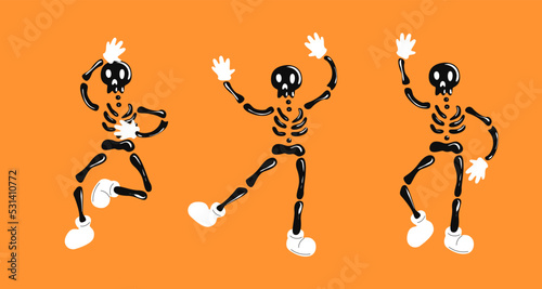 A Halloween and Day of the Dead character in the vintage cartoon style of the 60s. Vector illustration of dancing skeletons