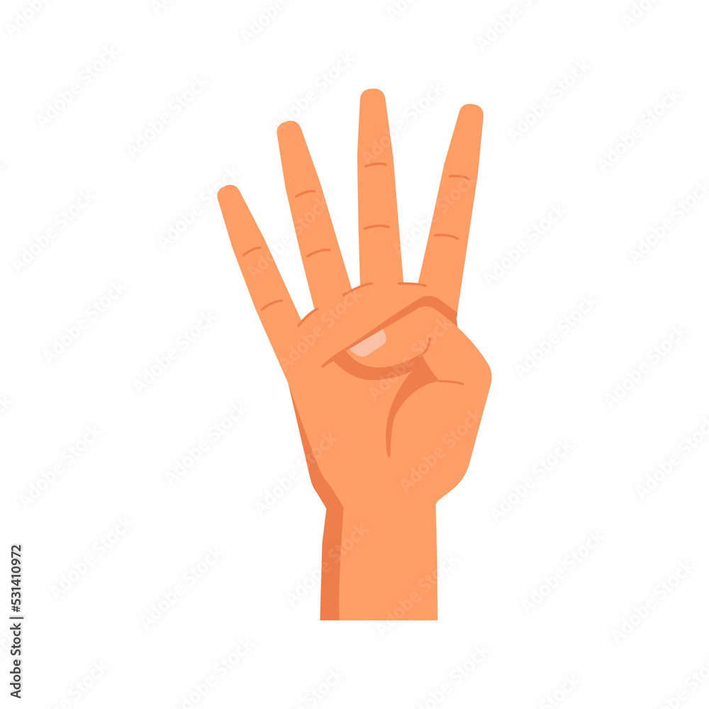 Hand gesture, counting with raised fingers. Isolated number four arm. Nonverbal communication, counting and enumeration symbol or sign. Vector in flat style Hand gesture, counting with raised fingers. Isolated number four arm. Nonverbal communication, counting and enumeration symbol or sign. Vector in flat style