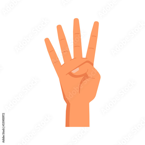 Hand gesture, counting with raised fingers. Isolated number four arm. Nonverbal communication, counting and enumeration symbol or sign. Vector in flat style