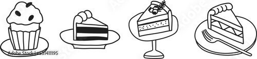 Hand drawn set of doodle cakes. Vector scribble illustration of different pieces of biscuits and cupcake. Collection of sweet desserts on different plates, saucers and tray.