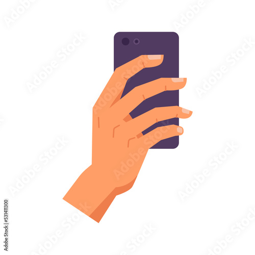 Hand holding smartphone digital device, vector in flat cartoon style. Man or woman reading or making photo on mobile phone, online video call, person swipe smartphone