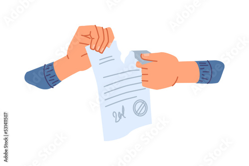 Businessman hands tearing contract or business agreement paper. Isolated ripped page with stamp and signature. Strategy or plan for development. Vector in flat style