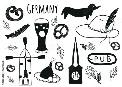 A set from Germany. The background of the vector illustration. Beer, Gothic cathedral, stained glass windows, knuckle, pub, sausages, hot, mill, knuckle, dachshund, hops, pretzel. 