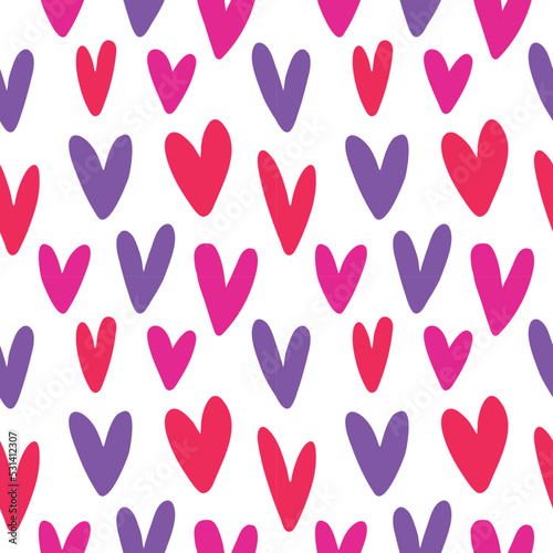 Vector Red Fuchsia purple hand drawn hearts seamless pattern on white background. Great as valentine day content, background, greeting cards
