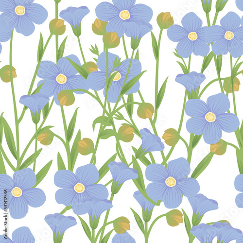 Seamless pattern Flax agriculture plant with blossom blue flowers and green stem cereal crop vector illustration on white background