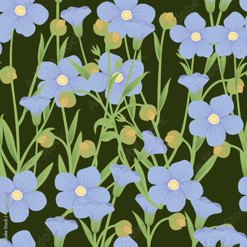Seamless pattern Flax agriculture plant with blossom blue flowers and green stem cereal crop vector illustration on green background