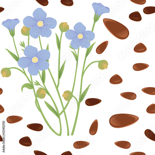 Seamless pattern Flax agriculture plant with blossom blue flowers and green stem cereal crop vector illustration on white background