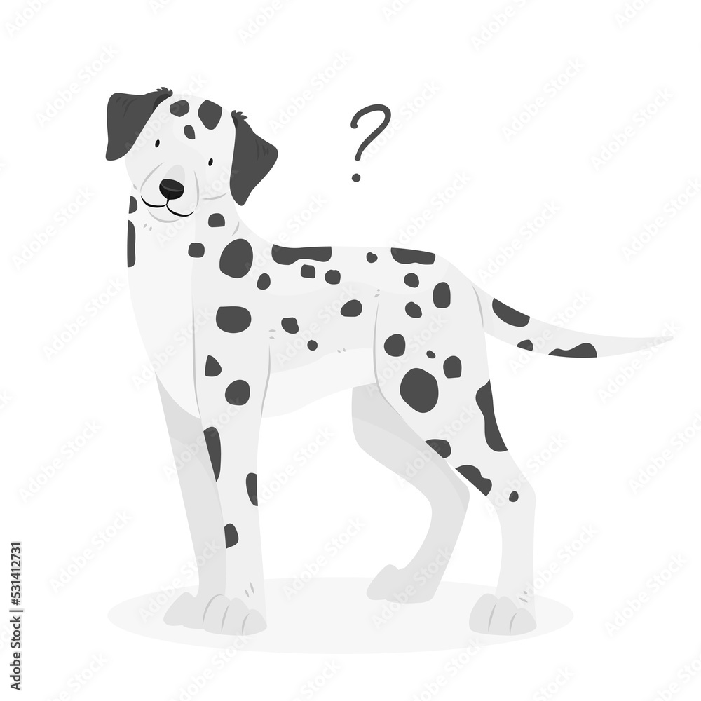 A dalmatian dog with a question mark. Dog question. An uncomprehending dog with its head tilted. Pet illustration. A dalmatian dog with a question mark. Dog question. An uncomprehending dog with its head tilted. Pet illustration.