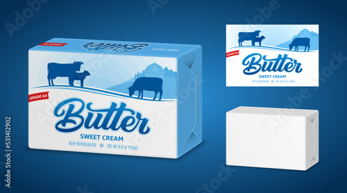 Butter package design with cows and farm. White paper or foil packaging for butter, margarine or spread