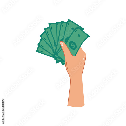 Green dollar banknotes in hand, isolated palm with paper money for paying. Giving loan, saving financial assets or exchanging, wealthy person with cash. Flat cartoon style vector illustration