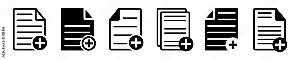 Vector set with add new file, document or page. Create new sheet. Black button. Vector icons. Vector set with add new file, document or page. Create new sheet. Black button. Vector icons.