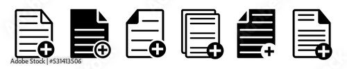 Vector set with add new file, document or page. Create new sheet. Black button. Vector icons.