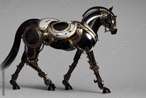 Сlose-up of futuristic mechanical horse. Steampunk style animal. 3d illustration