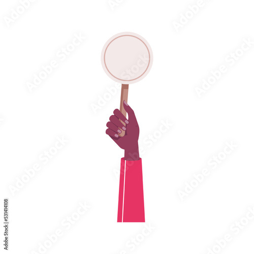 Woman holding blank jury table in hands, isolated arm of personage with rounded sign and copy space. Voting in competition. Vector in flat cartoon style