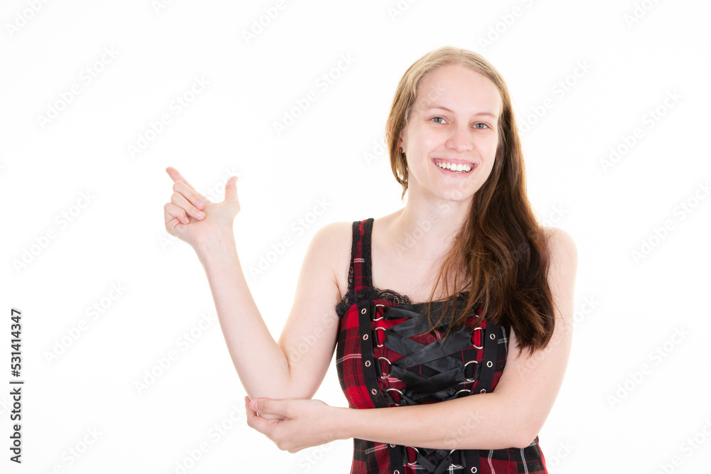 Young smiling woman isolated on white background pointing with the index finger a great idea white mockup copy space Young smiling woman isolated on white background pointing with the index finger a great idea white mockup copy space