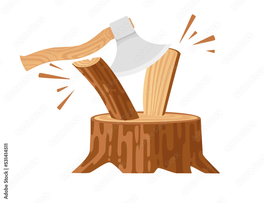 Chopping wooden log on stump with axe vector illustration isolated on white background