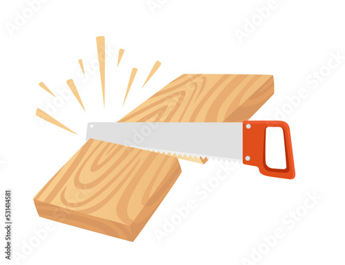 Sawing wooden plank with modern handsaw vector illustration isolated on white background